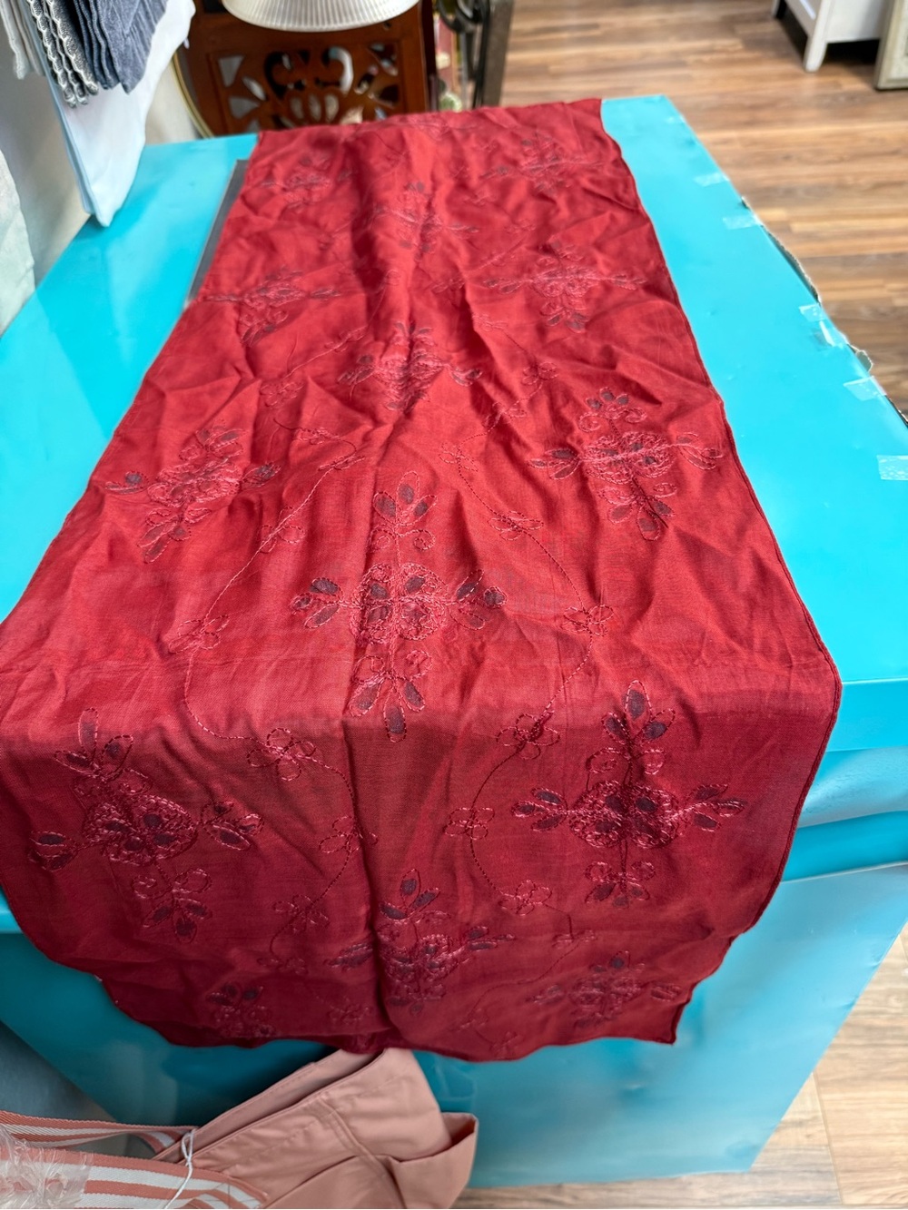 Source Unknown Red Embroidered Table Runner approximately 14” by 80”